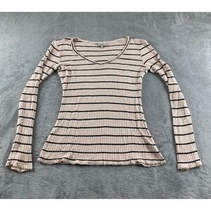 BKE Womens Long Sleeve Striped Thermal Knit V Neck Top Size L Beige Black